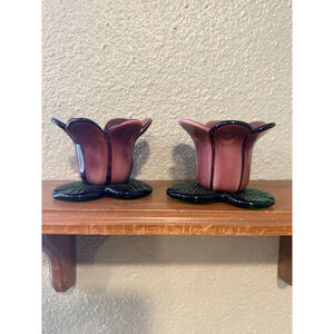 2 Art Glass Tulip Flower Votive Candle Holder Handblown Purple